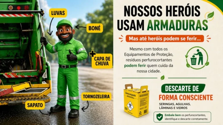 Coletor De Resíduos Ao Lado De Caminhão De Lixo Com Equipamentos De Proteção Identificados, Enquanto Cartaz Alerta Para O Descarte Correto De Materiais Perfurocortantes Como Vidros, Agulhas E Lâminas.