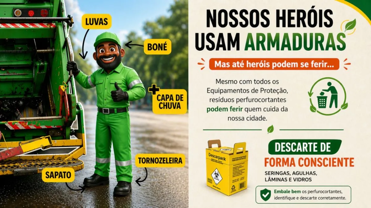 Coletor De Resíduos Ao Lado De Caminhão De Lixo Com Equipamentos De Proteção Identificados, Enquanto Cartaz Alerta Para O Descarte Correto De Materiais Perfurocortantes Como Vidros, Agulhas E Lâminas.