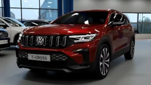 Volkswagen T-Cross 2027 Vermelho Em Showroom Com Design Moderno, Faróis Em Led E Nova Frente Mais Robusta