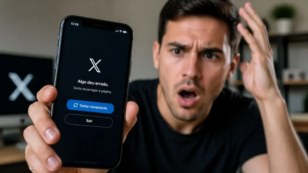 Usuário Surpreso Olhando Celular Com Erro No Twitter Após Queda Global Da Plataforma