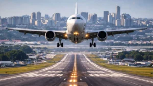 Avião Comercial Em Close Frontal Com Trem De Pouso Aberto Se Aproximando Da Pista Para Pouso Em Aeroporto Urbano, Com Cidade Ao Fundo