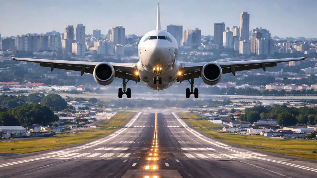 Avião Comercial Em Close Frontal Com Trem De Pouso Aberto Se Aproximando Da Pista Para Pouso Em Aeroporto Urbano, Com Cidade Ao Fundo