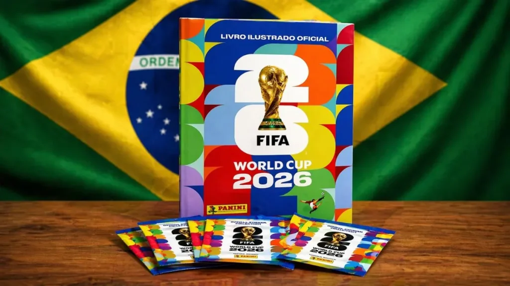 Álbum Da Copa Do Mundo 2026 Com Capa Colorida Posicionado Sobre Mesa, Com Bandeira Do Brasil Ao Fundo E Pacotes De Figurinhas Organizados Na Base