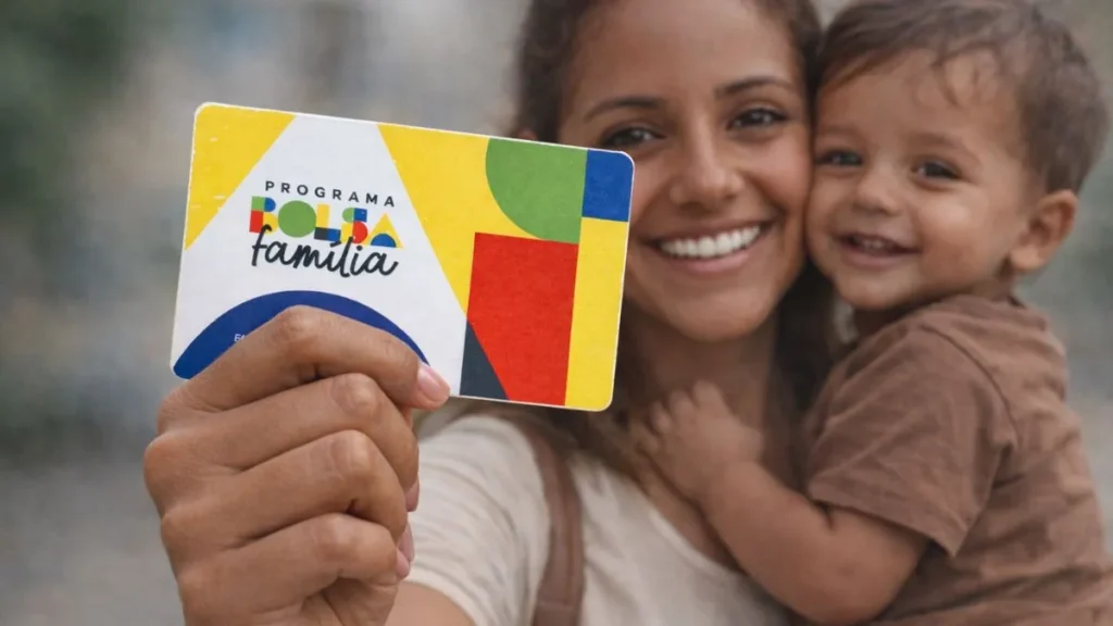 Mãe Segurando Criança No Colo Enquanto Apresenta Cartão Do Bolsa Família Em Destaque