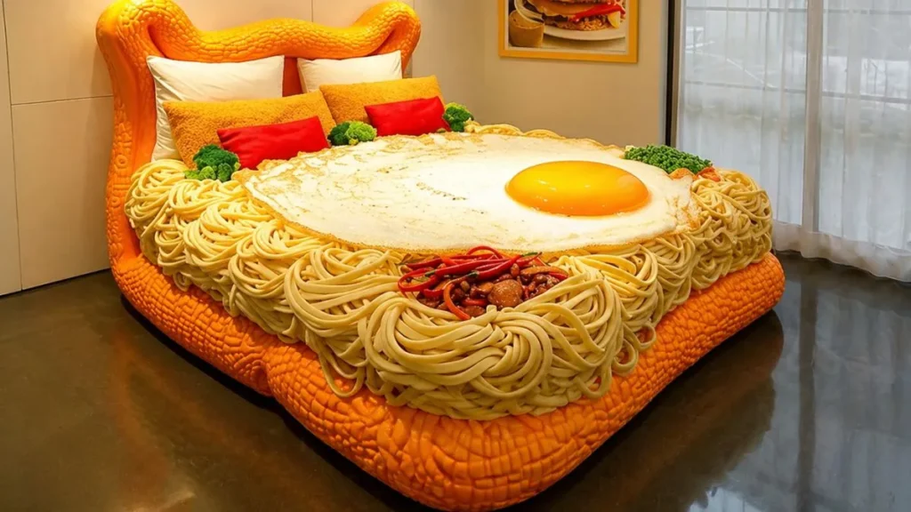 Cama Em Formato De Macarrão Com Ovo Gigante No Centro, Com Fios De Massa Realistas, Detalhes Que Lembram Ingredientes E Ambiente Moderno Com Iluminação Quente