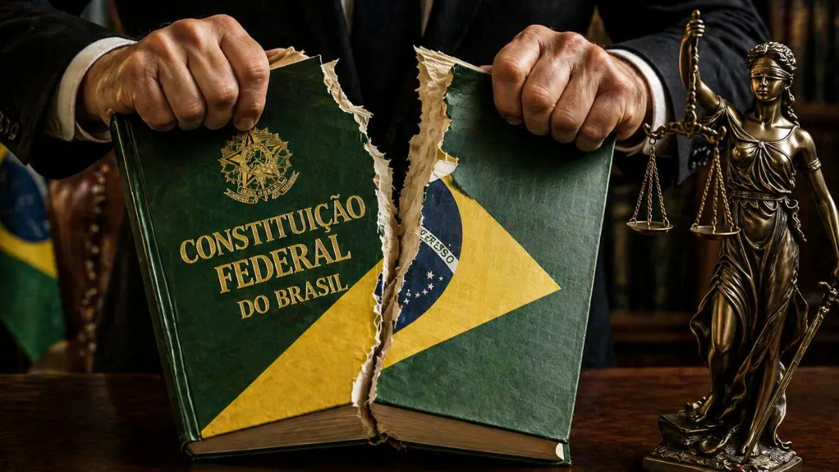 Livro Da Constituição Federal Do Brasil Sendo Rasgado Por Mãos Em Terno Sobre Mesa Institucional Ao Lado Da Estátua Da Deusa Themis