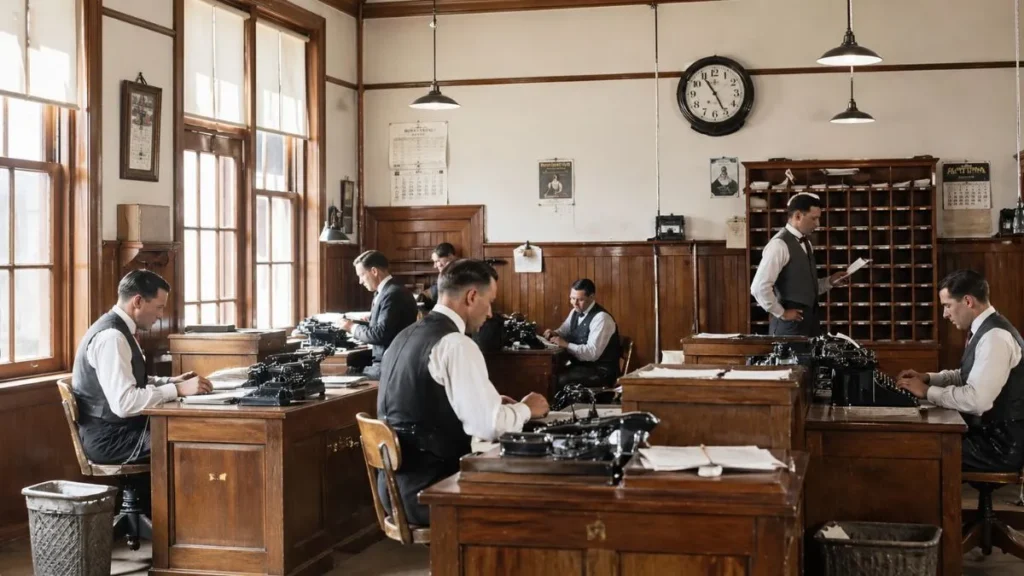 Trabalhadores Do Final Do Século Xix Em Escritório Antigo Organizado, Vestidos Com Trajes Formais Da Época, Utilizando Máquinas De Escrever Em Ambiente Iluminado Por Luz Natural