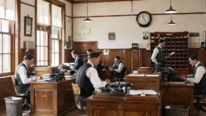 Trabalhadores Do Final Do Século Xix Em Escritório Antigo Organizado, Vestidos Com Trajes Formais Da Época, Utilizando Máquinas De Escrever Em Ambiente Iluminado Por Luz Natural