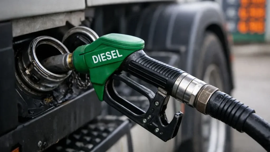 Bomba De Combustível Abastecendo Veículo Com Diesel Em Posto, Com Foco Na Mangueira E No Encaixe No Tanque