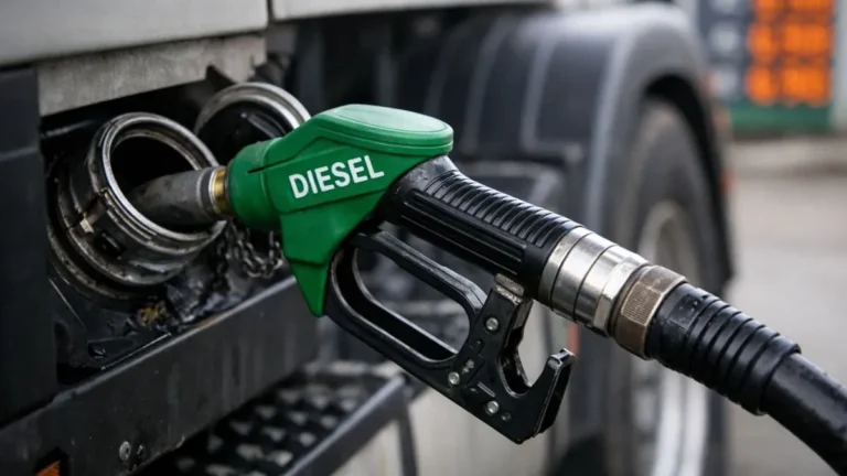 Bomba De Combustível Abastecendo Veículo Com Diesel Em Posto, Com Foco Na Mangueira E No Encaixe No Tanque