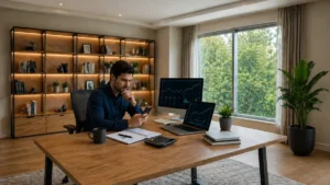 Homem Analisando Investimentos No Celular E Computador Em Escritório Moderno, Com Gráficos De Rendimento Em Alta, Mesa Organizada Com Caderno E Calculadora, Ambiente Amplo E Iluminado Naturalmente