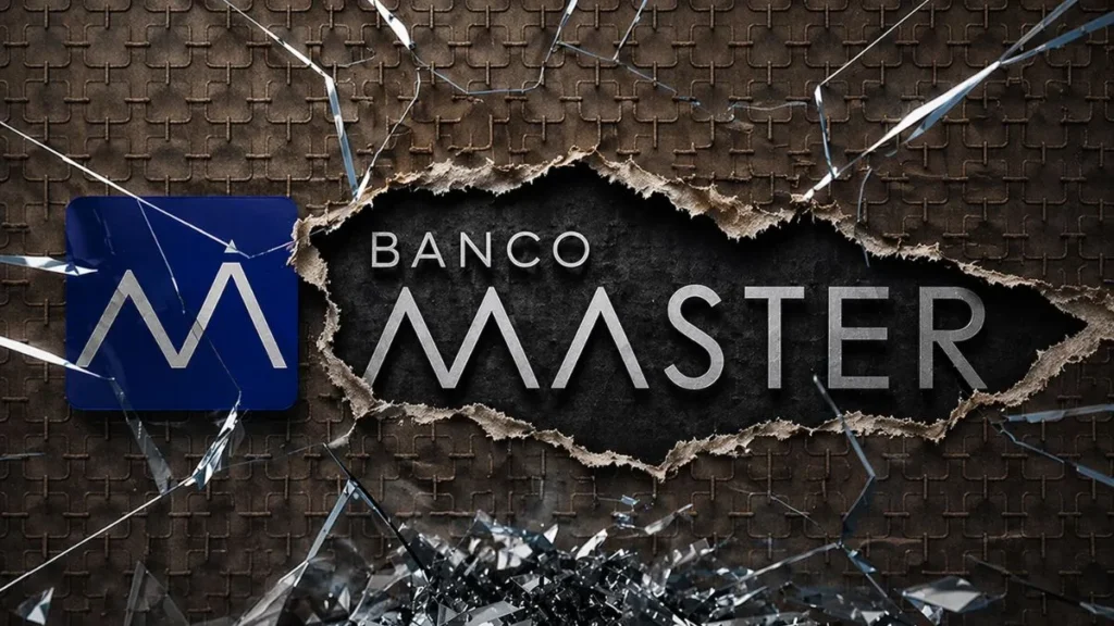 Logo Do Banco Master Parcialmente Rasgado Como Papel No Centro Da Imagem, Com Fundo Texturizado E Estilhaços De Vidro Espalhados, Criando Efeito De Ruptura E Tensão Visual.
