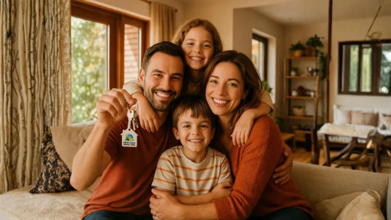 Família Feliz Reunida No Sofá, Pai Segurando Chave Com Chaveiro Do Programa Minha Casa Minha Vida, Esposa E Filhos Abraçados Celebrando Conquista Da Casa Própria