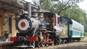 Locomotiva Maria Fumaça Com Vagões Restaurados Parada Em Estação Ferroviária Entre Campinas E Jaguariúna, Soltando Vapor E Pronta Para Passeio Turístico