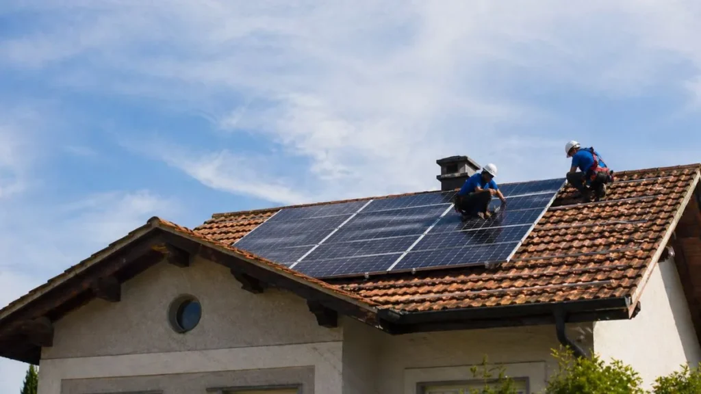 Técnicos Instalando Painéis Solares Em Telhado Residencial Durante O Dia, Com Céu Azul Ao Fundo