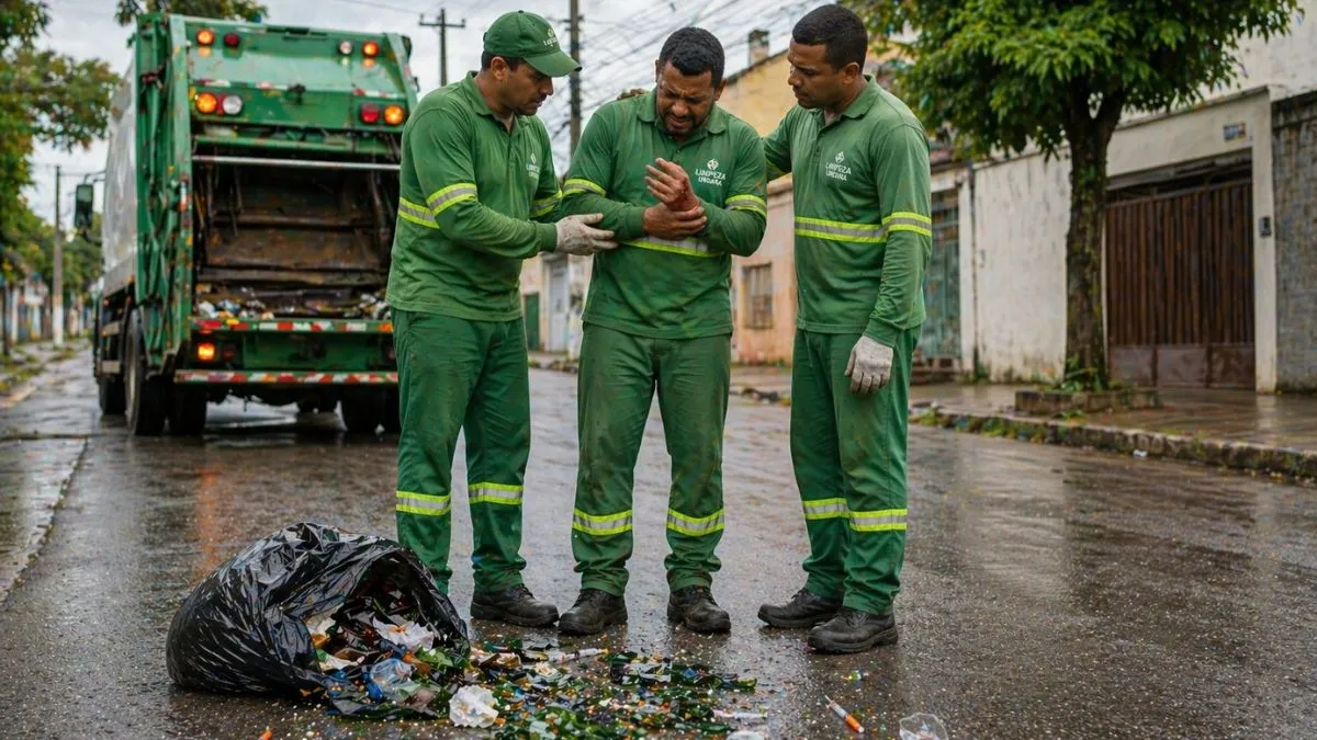 Coletores De Resíduos Uniformizados De Verde Em Pé Ao Lado De Caminhão De Lixo, Auxiliando Colega Com Ferimento Na Mão Enquanto Um Saco De Lixo Rasgado No Chão Expõe Vidros Quebrados E Agulhas Espalhadas.