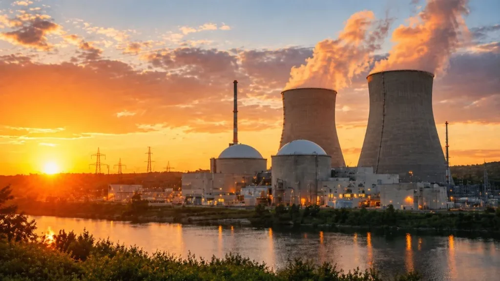 Usina Nuclear Moderna Em Operação Ao Pôr Do Sol, Com Torres De Resfriamento Liberando Vapor E Refletidas Na Água