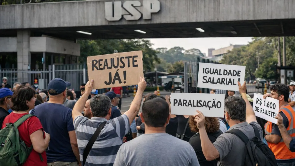 Servidores da USP protestam em frente ao portão principal com cartazes de reajuste salarial, igualdade e paralisação