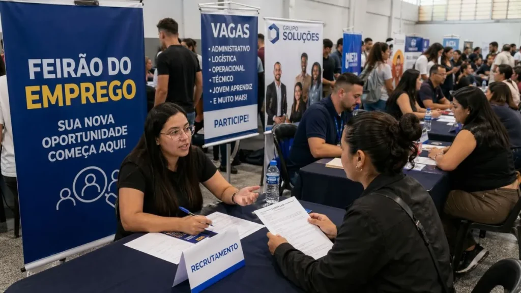 Feirão De Empregos Com Recrutadores Atendendo Candidatos Em Mesas Organizadas, Pessoas Entregando Currículos E Conversando Em Ambiente Interno Movimentado