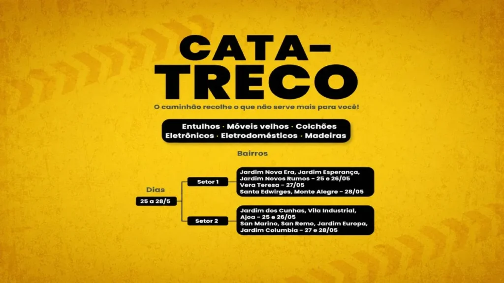 Arte Informativa Do Cata-Treco Da Prefeitura De Caieiras Com Fundo Amarelo, Título Em Destaque, Lista De Materiais Recolhidos E Cronograma Dos Bairros Atendidos Entre 25 E 28 De Maio, Dividido Em Setor 1 E Setor 2.