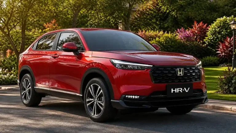 Honda Hr-V 2026 Vermelho Visto De Lado, Estacionado Em Rua Residencial Com Jardim Ao Fundo, Rodeado Por Árvores, Flores E Iluminação Natural