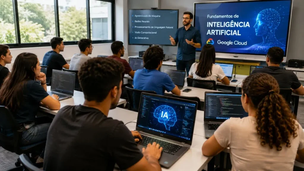 Inteligência Artificial Vira Porta De Entrada Para Emprego E Curso Gratuito Em Francisco Morato, Alunos Em Sala De Aula Aprendendo Inteligência Artificial Com Computadores Durante Curso Presencial