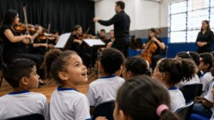 Alunos Da Rede Municipal De Caieiras Acompanham Apresentação De Música Clássica Dentro De Escola Durante Atividades Do Projeto Orquestra Nas Escolas.