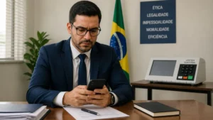 Homem De Terno Utilizando Celular Em Ambiente Institucional Com Bandeira Do Brasil E Urna Eletrônica Ao Fundo