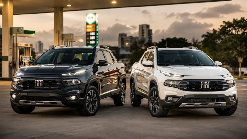 Imagem Mostra Duas Versões Da Fiat Toro Estacionadas Em Posto Moderno, Representando A Comparação Entre Modelos Diesel E Flex Com Foco Em Consumo, Seguro Auto E Custo De Financiamento Da Picape.