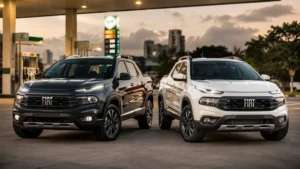 Imagem Mostra Duas Versões Da Fiat Toro Estacionadas Em Posto Moderno, Representando A Comparação Entre Modelos Diesel E Flex Com Foco Em Consumo, Seguro Auto E Custo De Financiamento Da Picape.