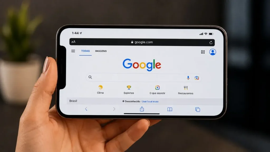 Mulher Segurando Smartphone Com A Página Inicial Do Google Aberta Em Tela Horizontal, Em Ambiente Moderno E Desfocado, Ilustrando Buscas E Segurança Digital Relacionadas A Inteligência Artificial.
