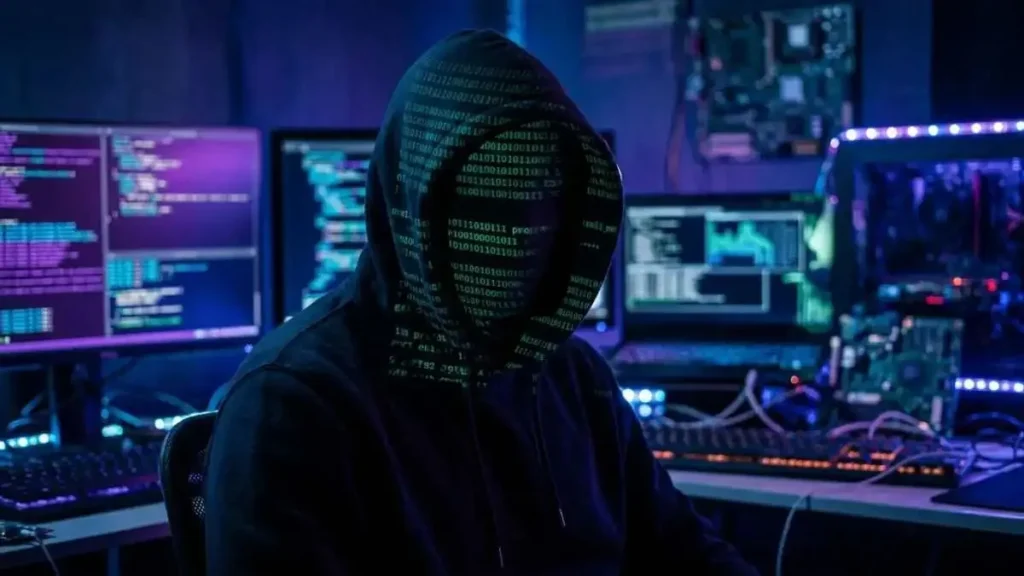 Pessoa Com Rosto Oculto Por Capuz Diante De Múltiplos Monitores Com Códigos E Gráficos Digitais Em Ambiente De Cibersegurança, Ilustrando Ataques Hackers E Espionagem Virtual