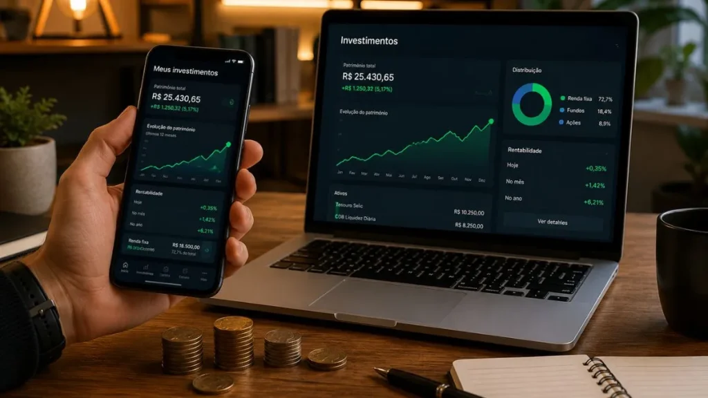 Pessoa Segurando Celular Com Aplicativo De Investimentos Enquanto Notebook Mostra Carteira De Renda Fixa E Rendimento Ligado À Selic Em Ambiente Moderno E Sofisticado.