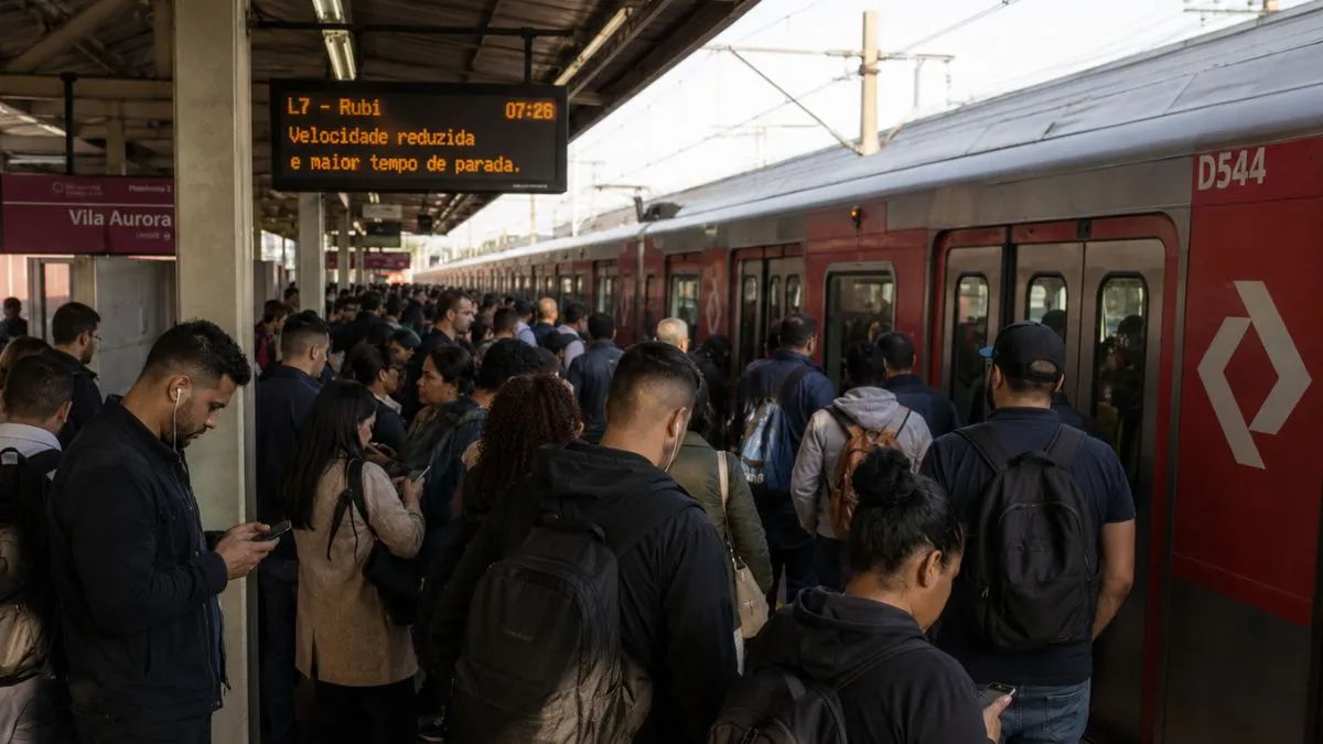 Passageiros Aguardam Trem Da Linha 7-Rubi Em Plataforma Cheia Durante Operação Com Velocidade Reduzida.