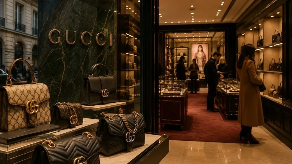 Vitrine Sofisticada De Loja De Luxo Com Bolsas Premium Em Destaque, Iluminação Refinada E Ambiente Elegante Ligado Ao Mercado De Alto Patrimônio E Marcas Controladas Pela Kering.