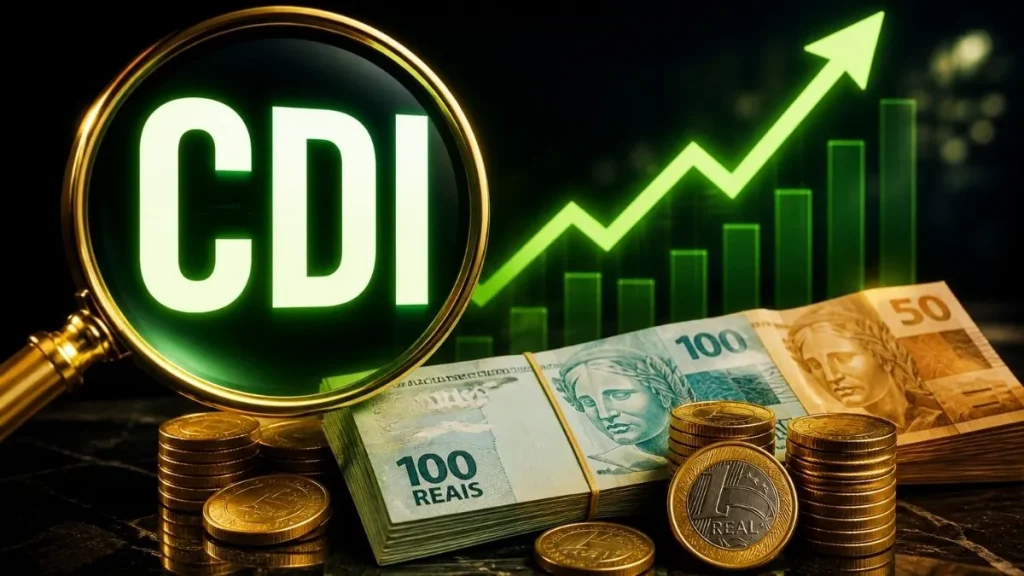 O Que É Cdi Com Dinheiro Em Reais, Gráfico De Crescimento E Lupa Destacando O Indicador Financeiro