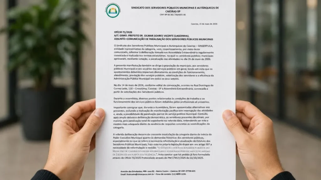 Caieiras Pode Parar Na Terça: Servidores Aprovam Greve Total Para 26 De Maio E Prefeitura É Pressionada Por Resposta 1 Mãos Seguram Um Ofício Do Sindicato Dos Servidores Públicos Municipais E Autárquicos De Caieiras Em Primeiro Plano, Com O Documento Em Destaque E Fundo Desfocado De Ambiente Interno