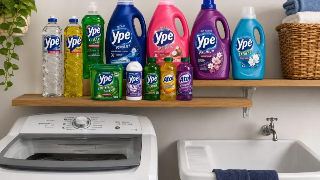 Produtos Ypê Organizados Em Prateleira De Lavanderia Acima De Máquina De Lavar E Tanque, Com Diferentes Embalagens De Sabão Líquido, Detergentes E Desinfetantes Em Destaque.