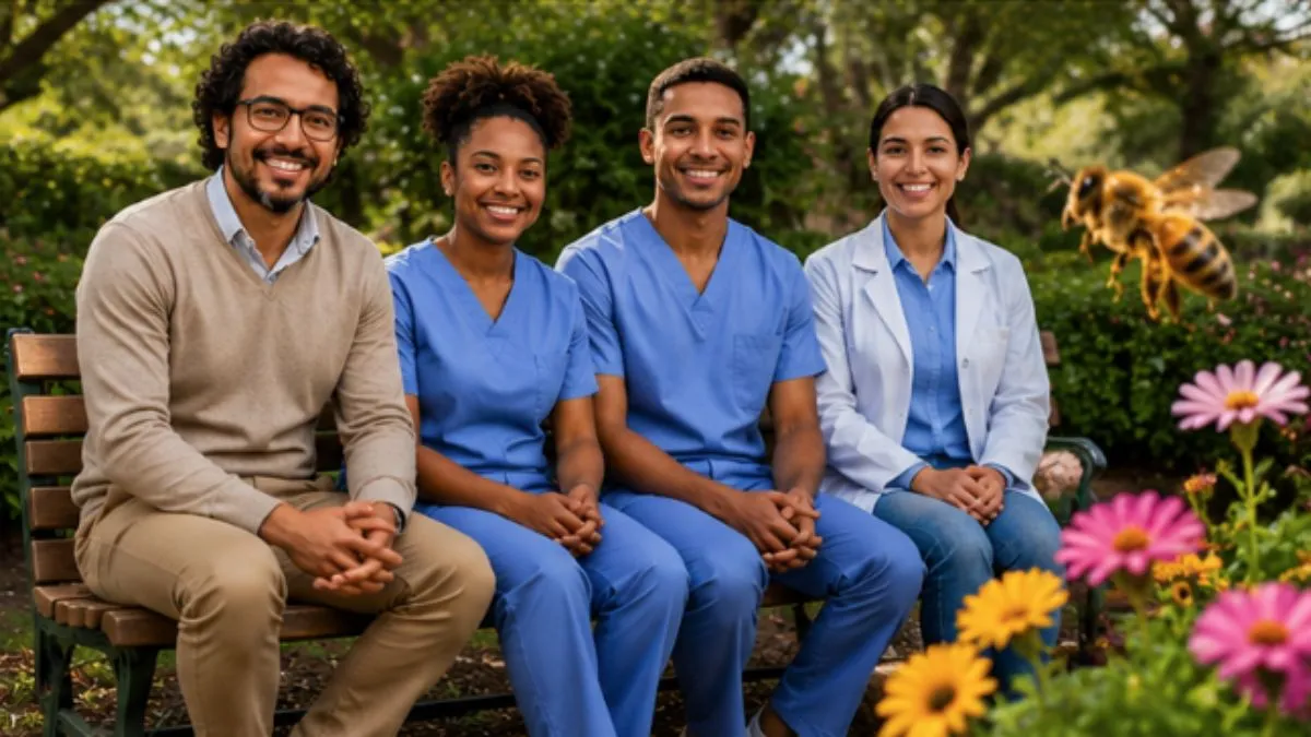 Pedagogo, profissionais da saúde e farmacêutica sentados em banco de jardim com flores coloridas e abelha próxima em ambiente natural iluminado.