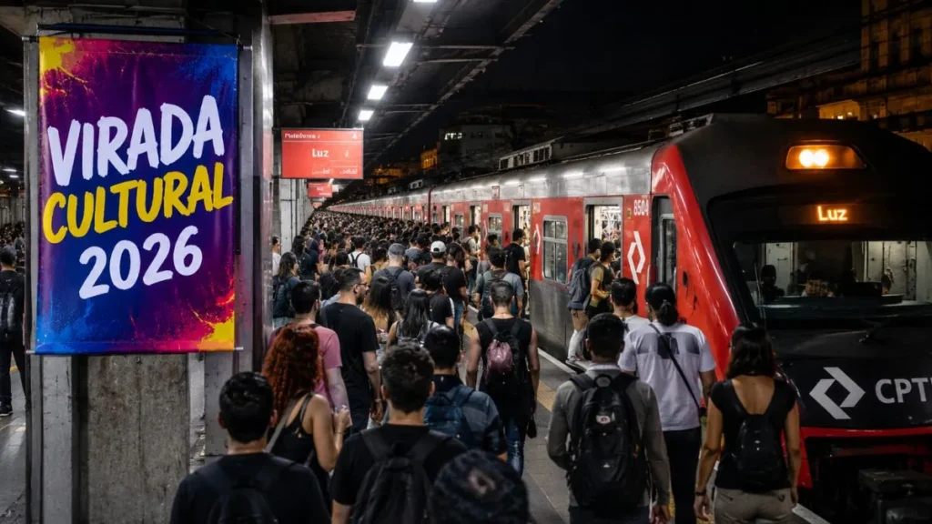 Trem Da Cptm Parado Em Estação Lotada Durante A Madrugada Da Virada Cultural 2026 Em São Paulo, Com Passageiros Circulando Pela Plataforma E Banner Colorido Do Evento Ao Lado.