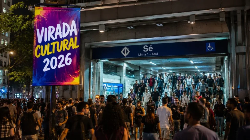 Metrô E Cptm Vão Funcionar 24 Horas Na Virada Cultural 2026 E Mudança Pode Alterar A Rotina De Quem Vai Ao Centro De Sp 3 Entrada Da Estação Sé Do Metrô De São Paulo Lotada Durante A Virada Cultural 2026, Com Grande Circulação De Pessoas À Noite E Banner Colorido Do Evento Ao Lado Da Estação.