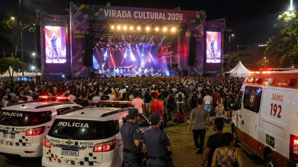 Palco Principal Da Virada Cultural 2026 Durante Show Noturno Em São Paulo, Com Grande Público Acompanhando A Apresentação Enquanto Viaturas Da Polícia Militar E Ambulância Do Samu Permanecem De Prontidão Na Área Do Evento.