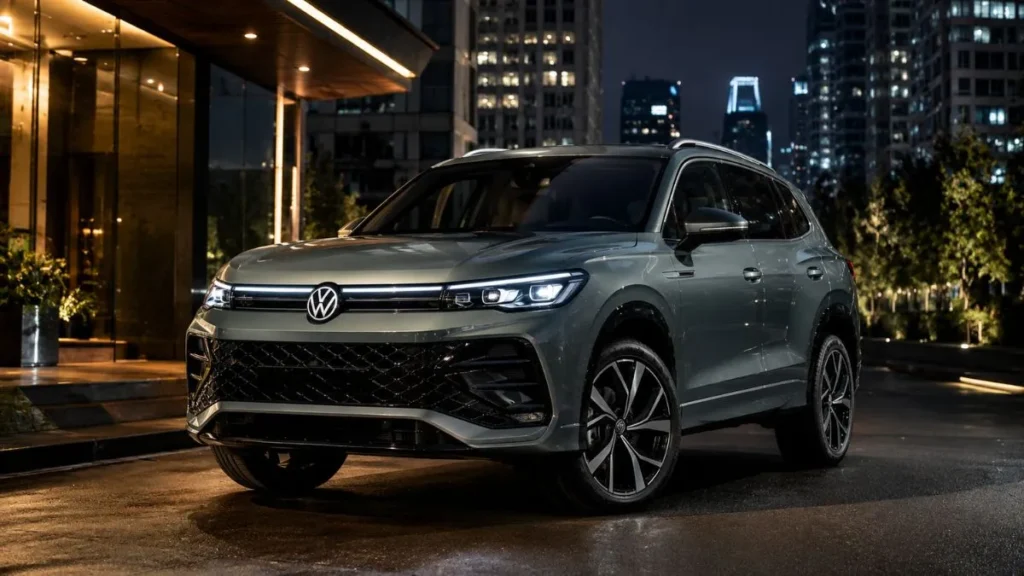 Suv Volkswagen Tiguan 2027 Em Cenário Urbano Noturno Com Iluminação Premium E Visual Tecnológico, Representando A Nova Geração Do Utilitário Esportivo Focada Em Luxo, Tecnologia E Disputa No Segmento Acima De R$ 300 Mil.