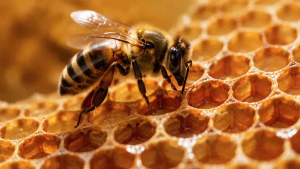 Profissões Celebradas Em 20 De Maio Ganham Destaque Com Homenagens, Reconhecimento E Impacto Direto Na Vida De Milhões 3 Abelha Coletando Néctar E Produzindo Mel Sobre Colmeia Dourada Em Imagem Macro Hiper-Realista Com Foco Nos Detalhes Naturais.