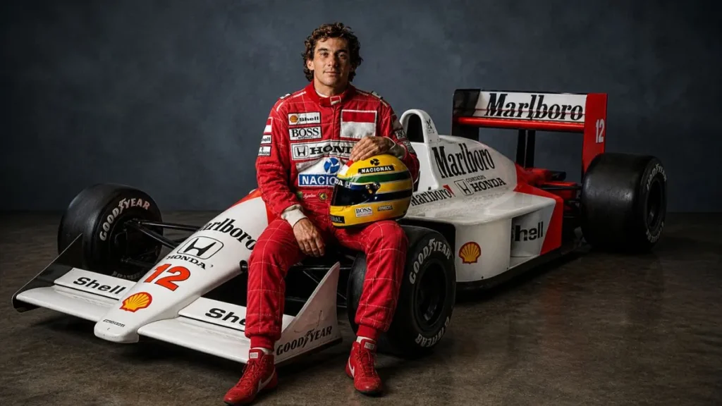Ayrton Senna Sentado No Capô Do Carro Clássico De Fórmula 1, Vestindo Macacão Vermelho E Segurando O Capacete Amarelo Icônico, Em Cenário De Estúdio Com Fundo Escuro.