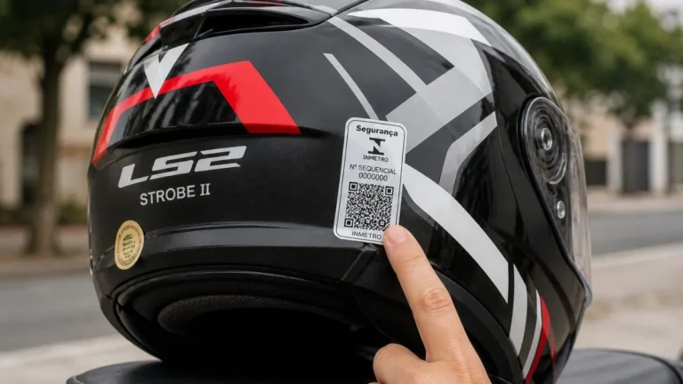 Detalhe De Um Capacete De Motociclista Com Selo Do Inmetro Contendo Qr Code Visível, Enquanto Um Dedo Aponta Diretamente Para O Código, Destacando A Área De Verificação Digital.