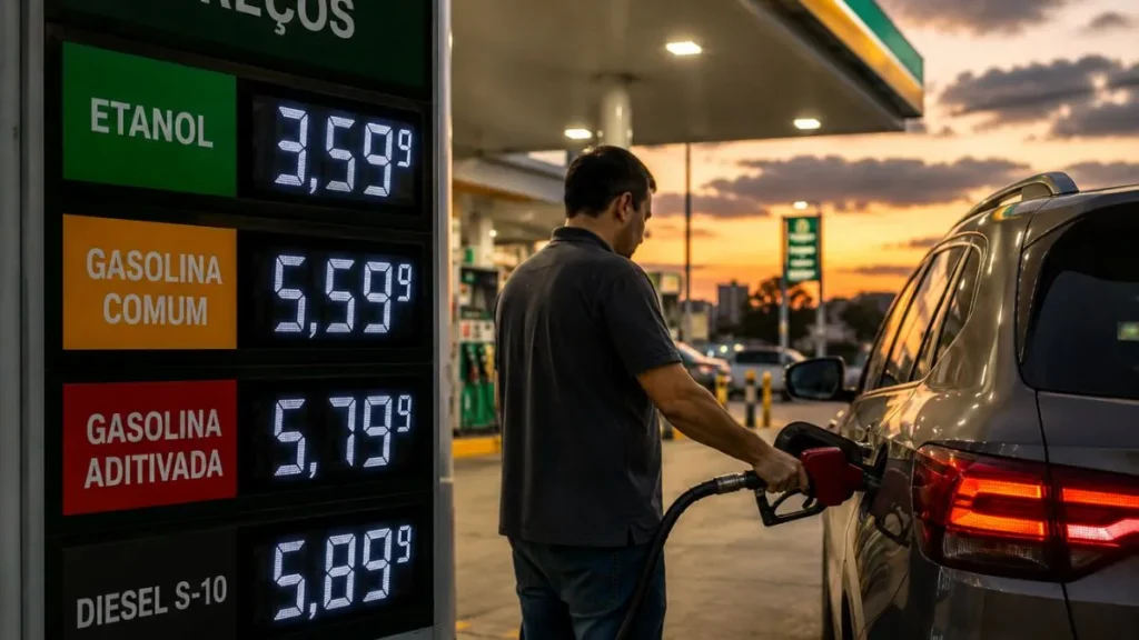 Motorista Abastece Suv Em Posto De Combustível Enquanto Painel Mostra Preços Da Gasolina, Diesel E Etanol Após Discussão Do Governo Sobre Redução De Impostos Nos Combustíveis