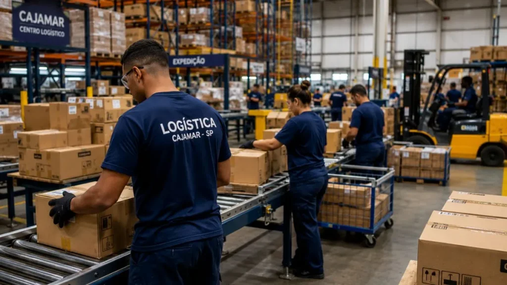 Cajamar Abre Vagas Com Salário De Até R$ 5 Mil E Benefícios Que Incluem Fretado, Bônus E Plano De Saúde 4 Rabalhadores Atuam Em Centro Logístico Durante Operação De Distribuição Em Cajamar.
