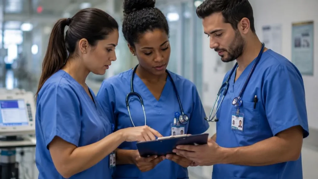 Equipe De Enfermagem Conversa Em Corredor De Hospital Moderno Enquanto Analisa Informações Clínicas Em Tablet Durante Rotina Hospitalar.