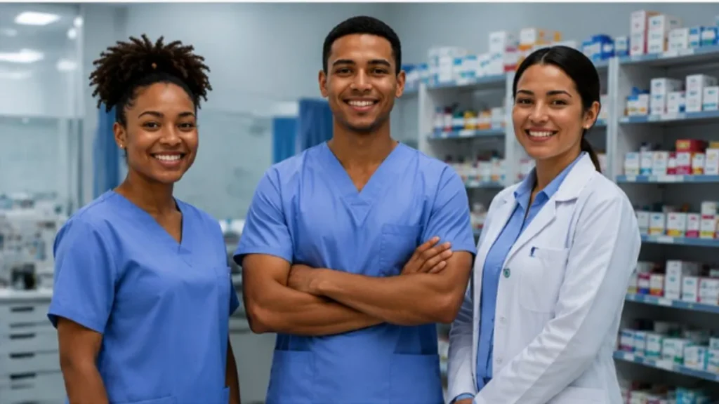 Profissões Celebradas Em 20 De Maio Ganham Destaque Com Homenagens, Reconhecimento E Impacto Direto Na Vida De Milhões 2 Técnica De Enfermagem, Auxiliar De Enfermagem E Farmacêutica Lado A Lado Em Ambiente Hospitalar Moderno Com Jalecos E Uniformes Profissionais.